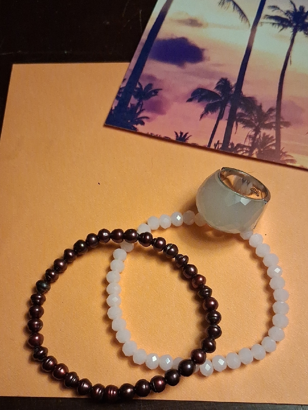 Elegant Pale Pink Faceted Ring with Pink and Beaded Bracelets